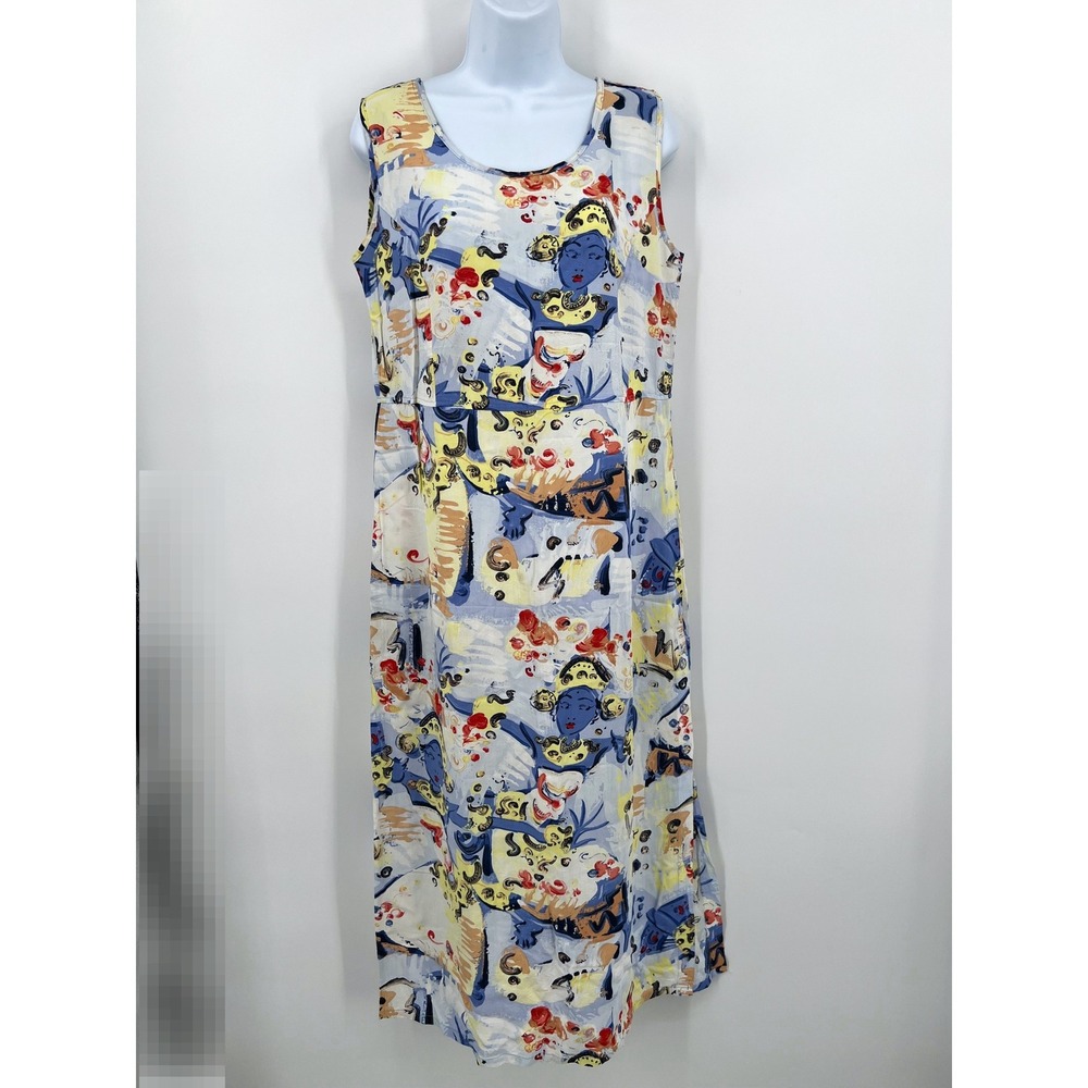 Jams World 100% Rayon Sleeveless Dress Thai Dancers Blue Goddess Vintage Size M - Picture 2 of 9